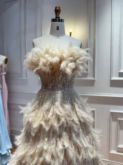 Luxury Beige Strapless Tiered Feather Sequin A Line Dress LA73854