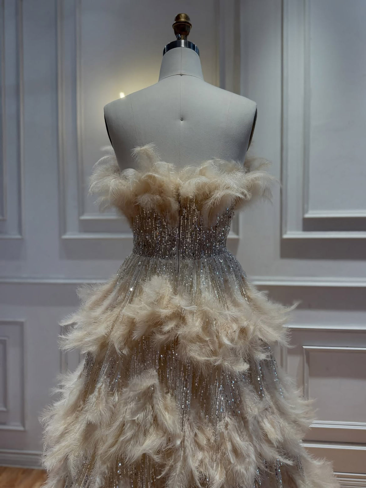 Luxury Beige Strapless Tiered Feather Sequin A Line Dress LA73854