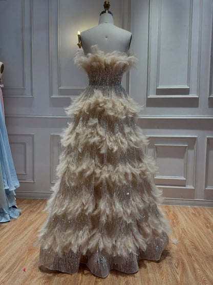 Luxury Beige Strapless Tiered Feather Sequin A Line Dress LA73854