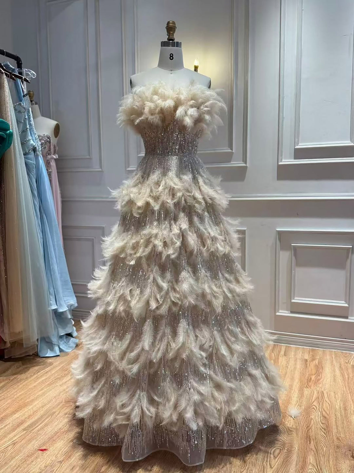 Luxury Beige Strapless Tiered Feather Sequin A Line Dress LA73854