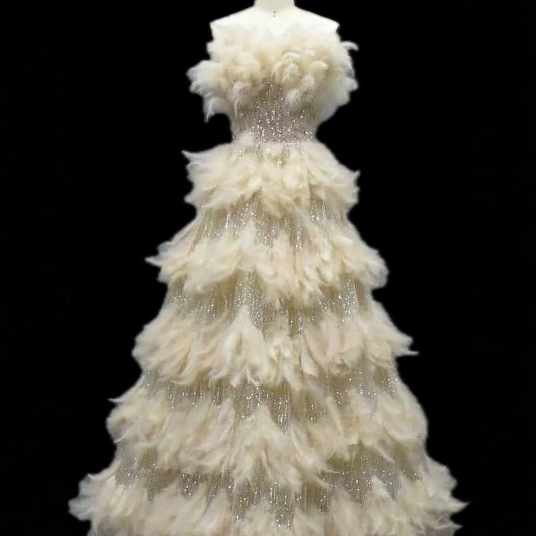 Luxury Beige Strapless Tiered Feather Sequin A Line Dress LA73854 SERENE HILL