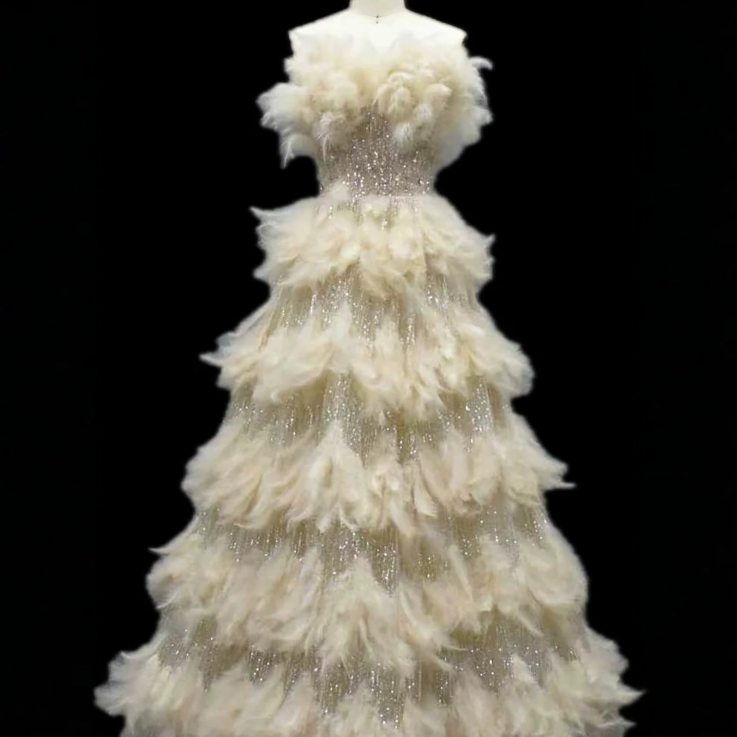 Luxury Beige Strapless Tiered Feather Sequin A Line Dress LA73854 SERENE HILL