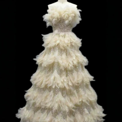Luxury Beige Strapless Tiered Feather Sequin A Line Dress LA73854 SERENE HILL