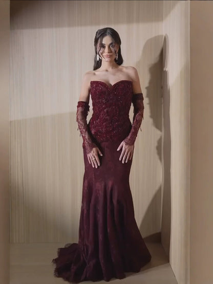 Wine Red Strapless Lace Beaded Detachable Long Sleeve Dress LA73855 SERENE HILL