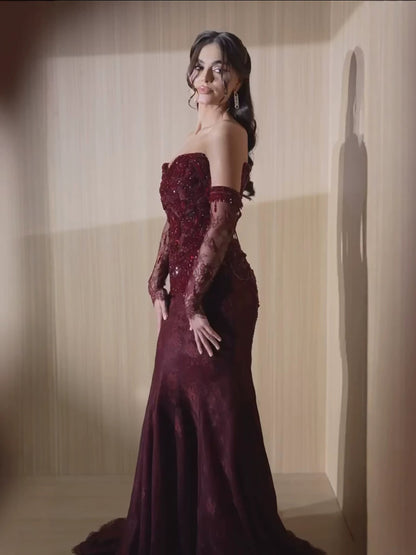 Wine Red Strapless Lace Beaded Detachable Long Sleeve Dress LA73855 SERENE HILL