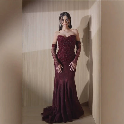 Wine Red Strapless Lace Beaded Detachable Long Sleeve Dress LA73855 SERENE HILL