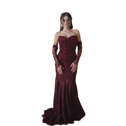 Wine Red Strapless Lace Beaded Detachable Long Sleeve Dress LA73855 SERENE HILL