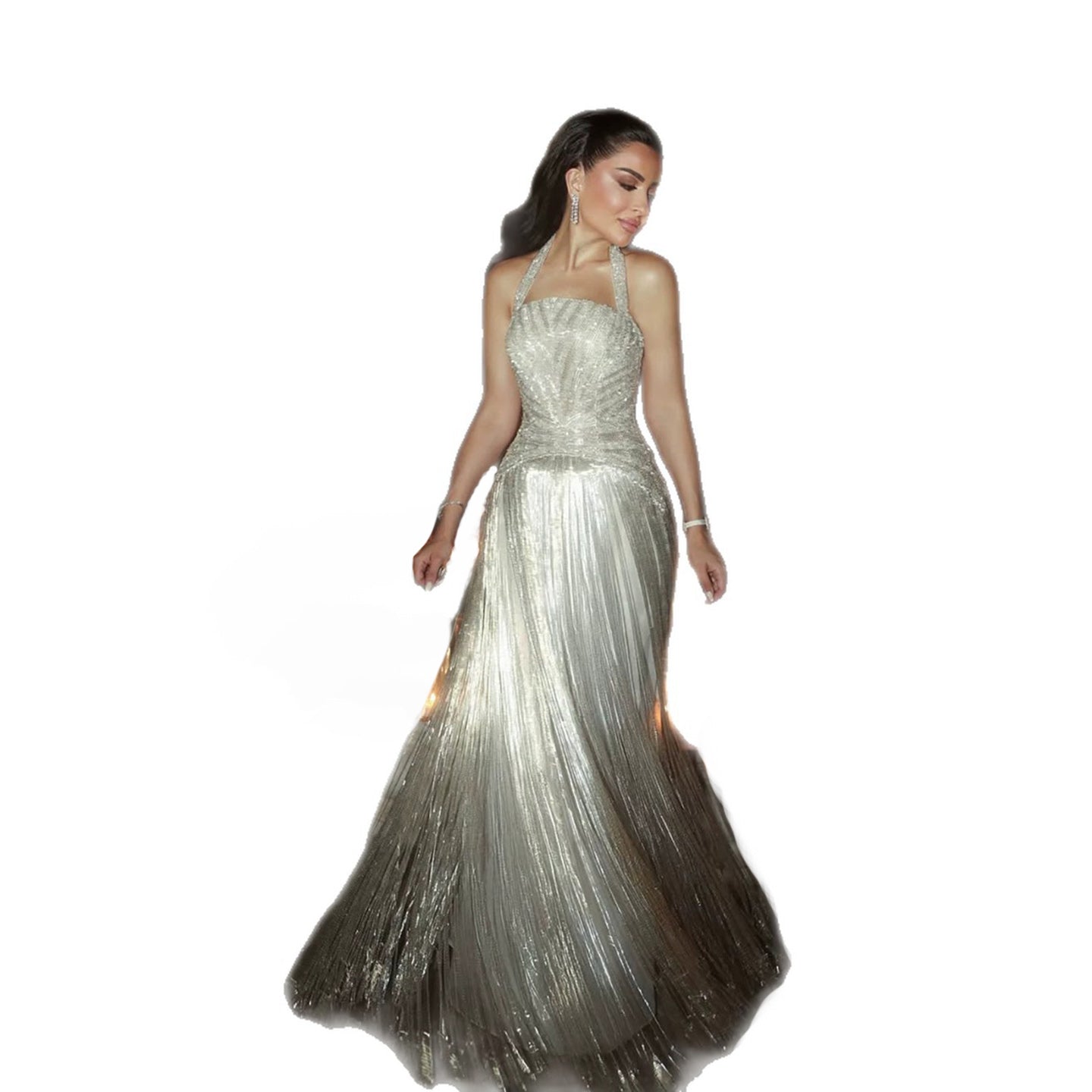 Luxury Silver Halter Beaded Shimmering Fringe Gown LA73856 SERENE HILL