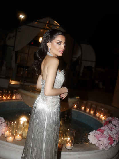 Luxury Silver Halter Beaded Shimmering Fringe Gown LA73856 SERENE HILL