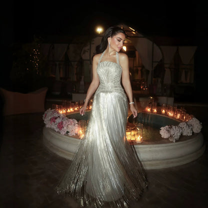 Luxury Silver Halter Beaded Shimmering Fringe Gown LA73856 SERENE HILL