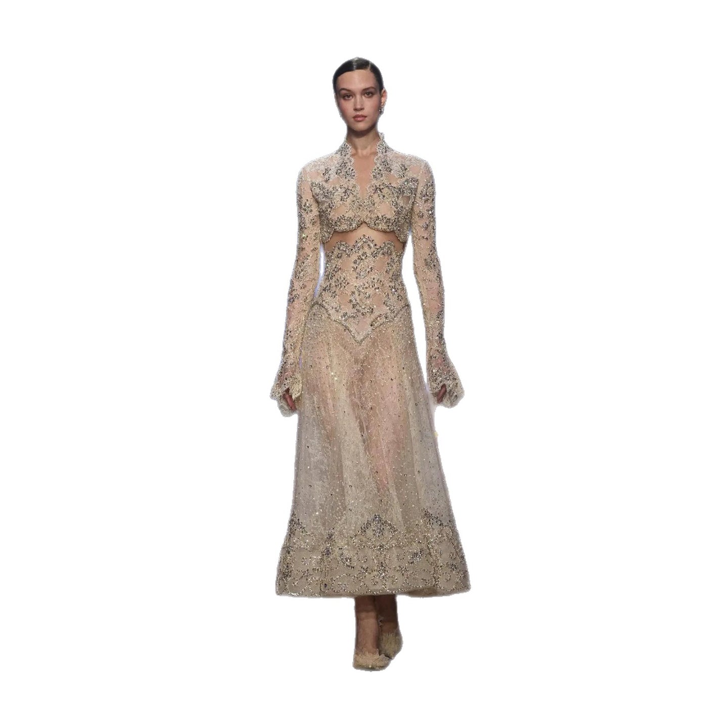 Luxury Nude High Neck Cut Out Beaded Lace A-Line Dress LA73857 SERENE HILL