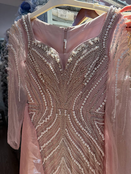 Luxury Nude Long Sleeve Pearl Beaded Mermaid Evening Dress LA73858 SERENE HILL