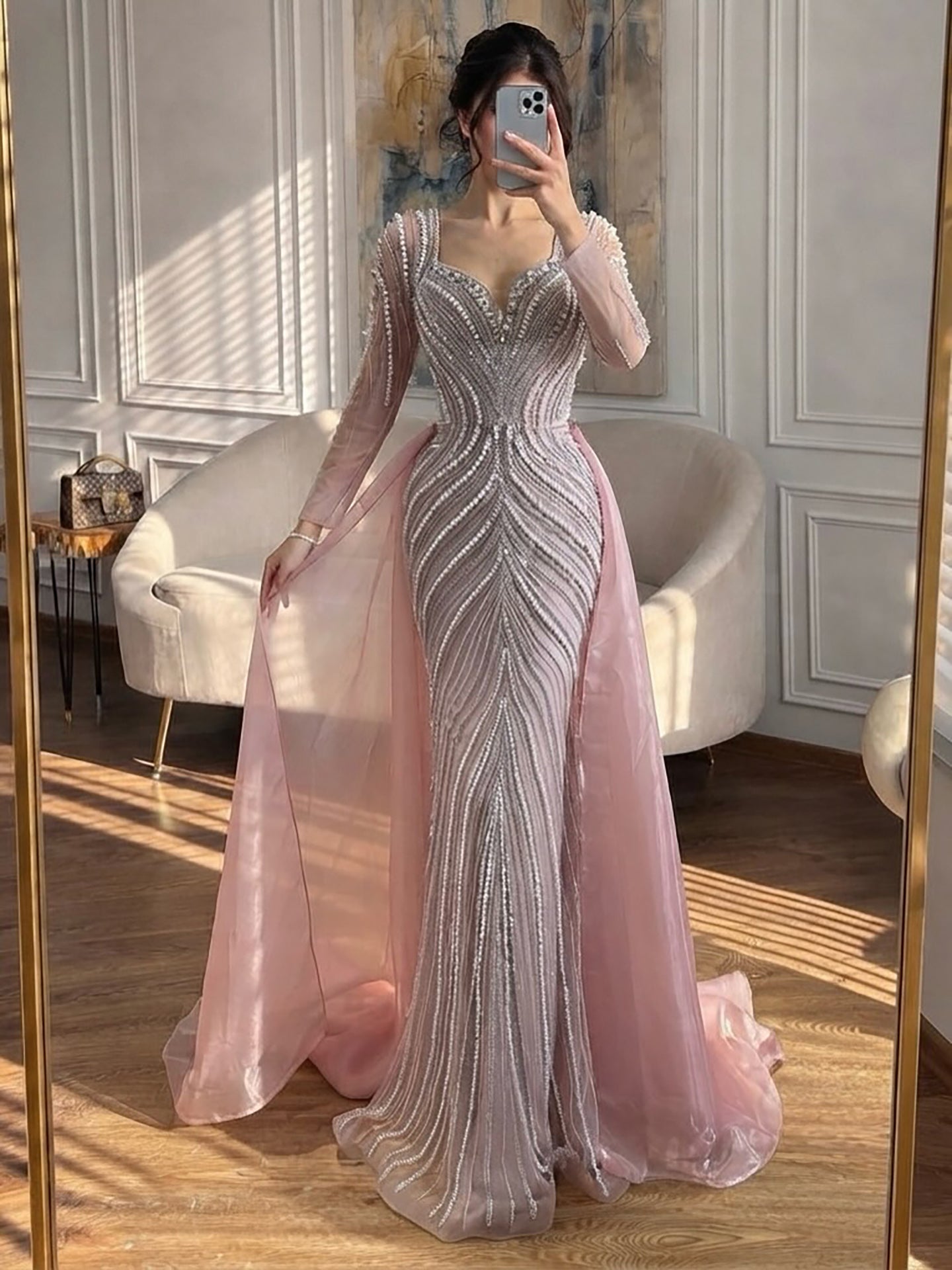 Luxury Nude Long Sleeve Pearl Beaded Mermaid Evening Dress LA73858 SERENE HILL