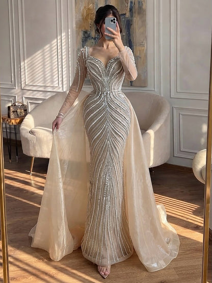 Luxury Nude Long Sleeve Pearl Beaded Mermaid Evening Dress LA73858 SERENE HILL