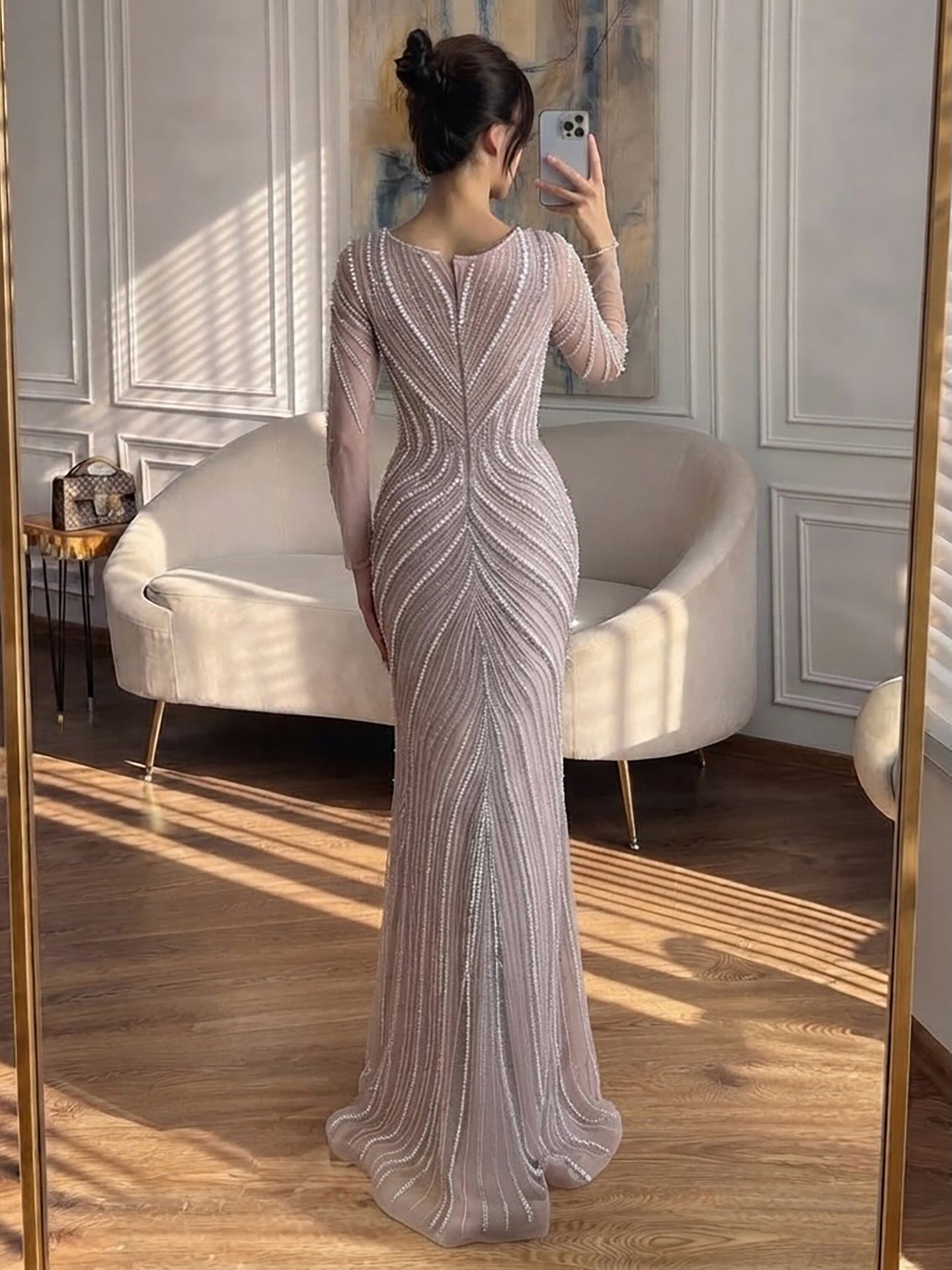 Luxury Nude Long Sleeve Pearl Beaded Mermaid Evening Dress LA73858 SERENE HILL