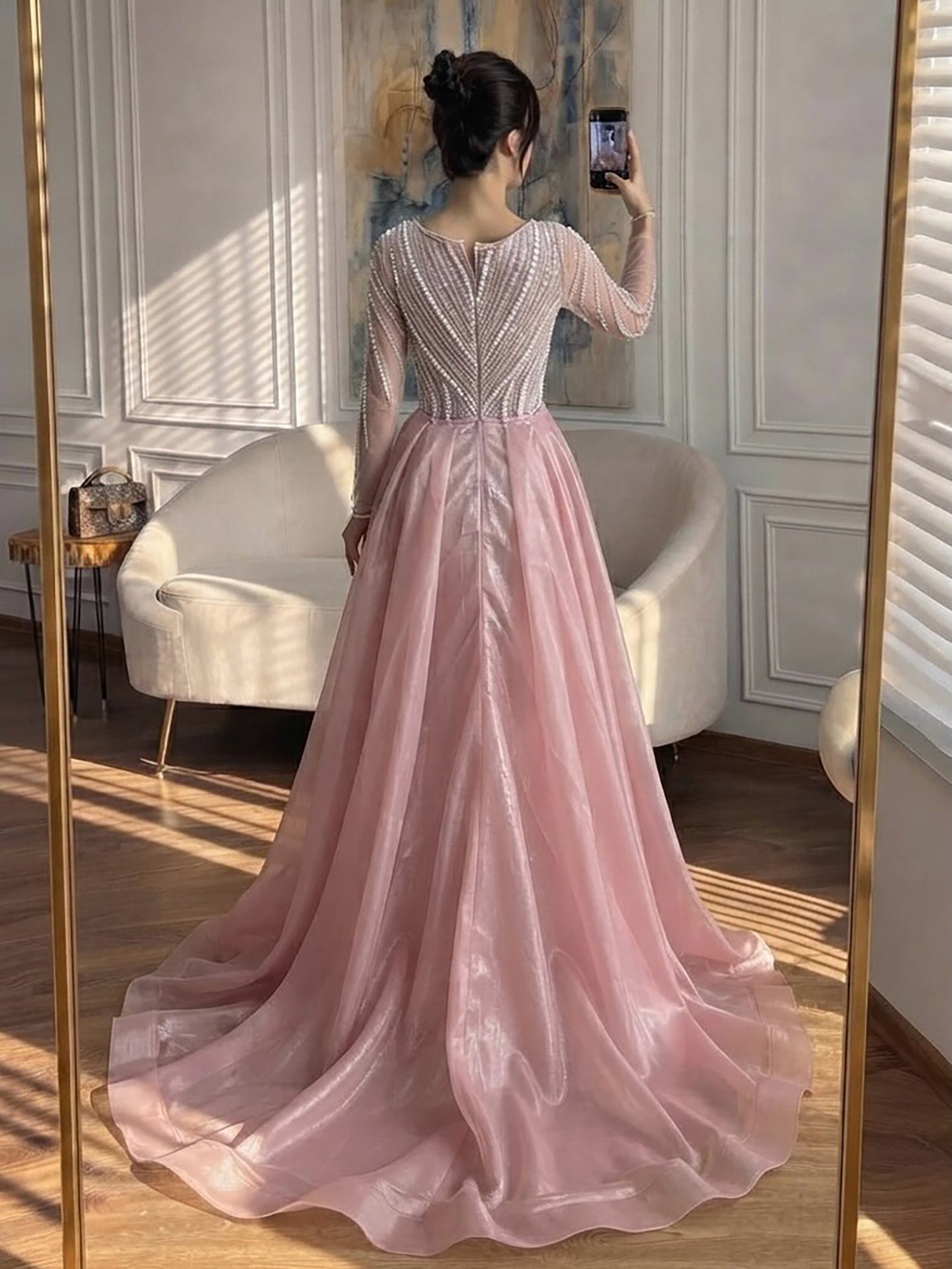 Luxury Nude Long Sleeve Pearl Beaded Mermaid Evening Dress LA73858 SERENE HILL