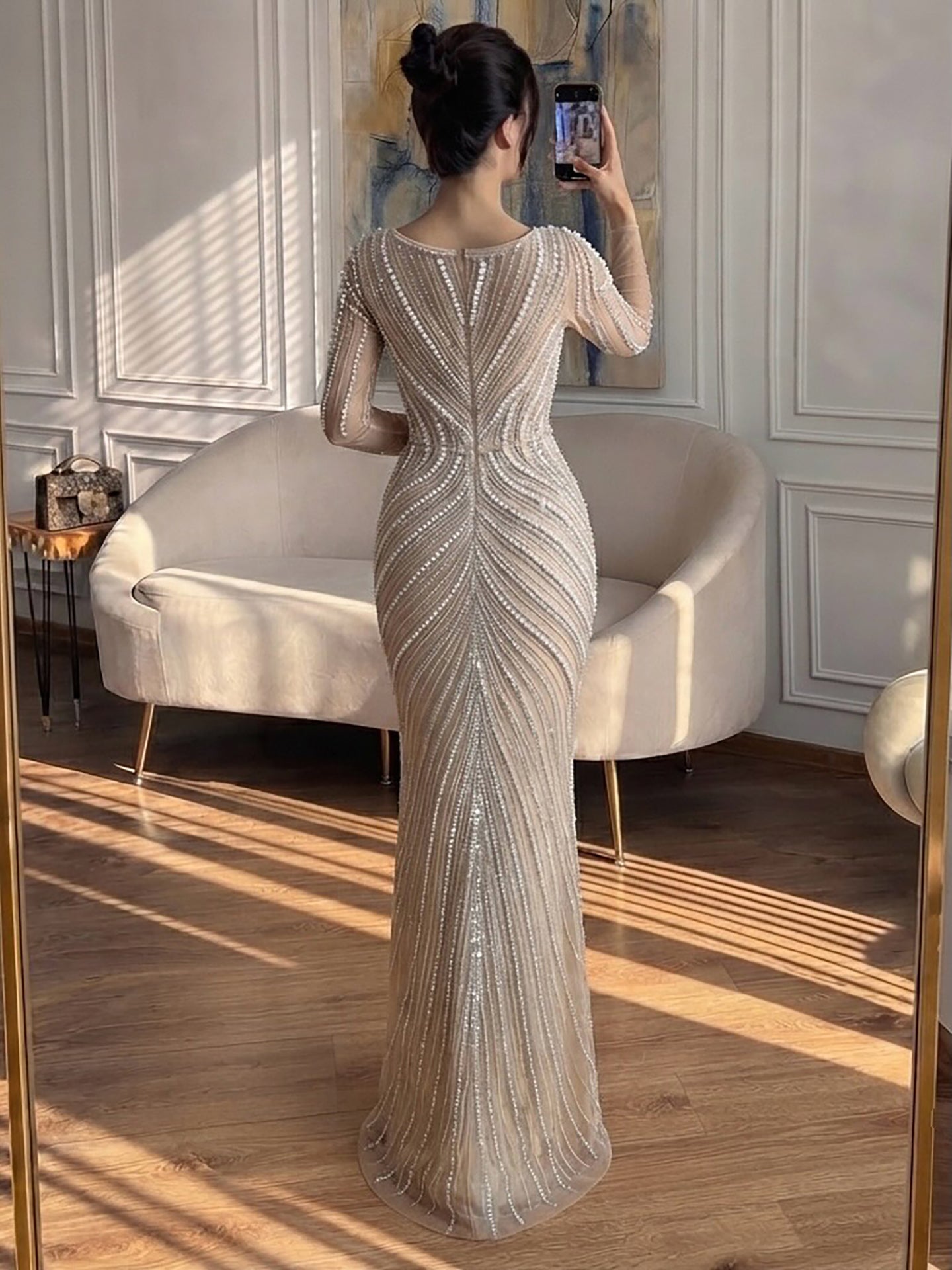 Luxury Nude Long Sleeve Pearl Beaded Mermaid Evening Dress LA73858 SERENE HILL