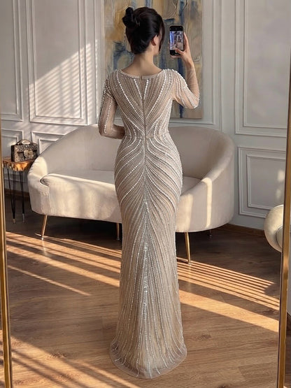 Luxury Nude Long Sleeve Pearl Beaded Mermaid Evening Dress LA73858 SERENE HILL