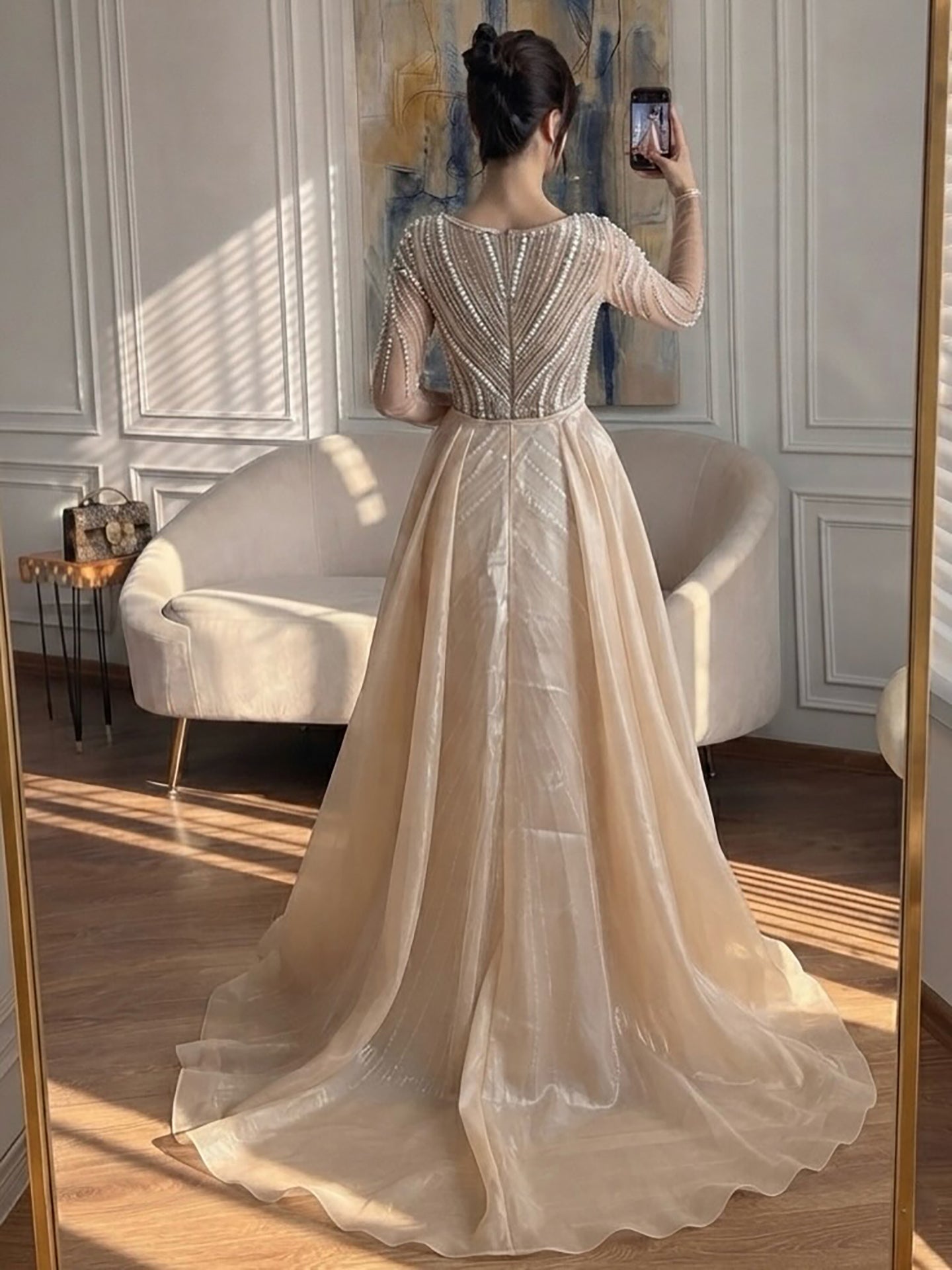 Luxury Nude Long Sleeve Pearl Beaded Mermaid Evening Dress LA73858 SERENE HILL