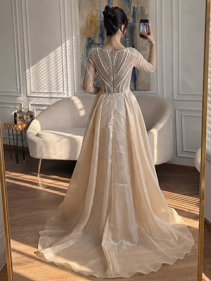 Luxury Nude Long Sleeve Pearl Beaded Mermaid Evening Dress LA73858 SERENE HILL