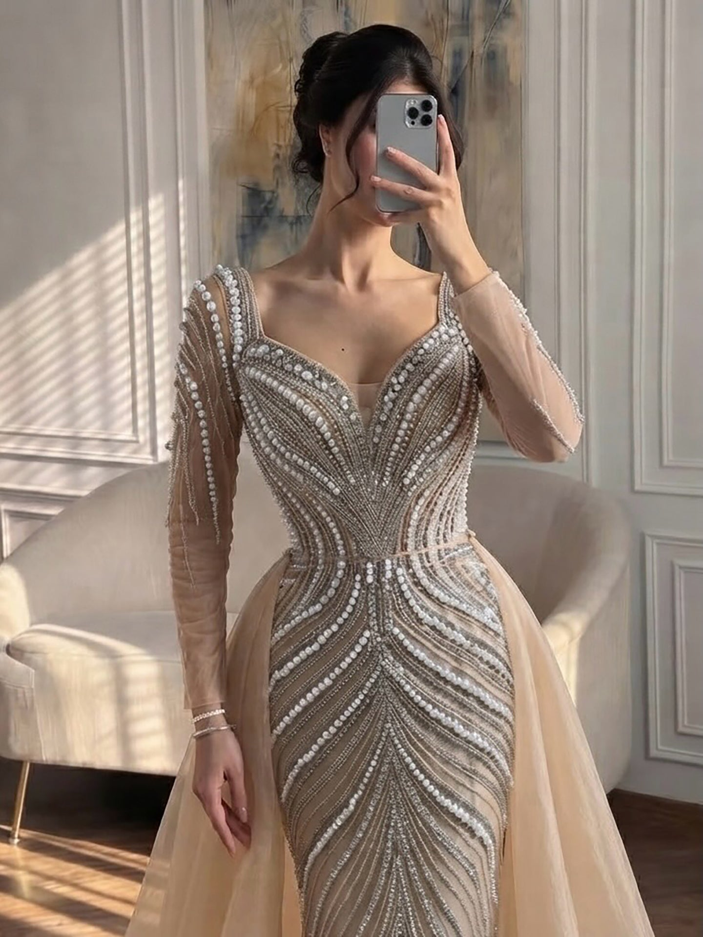 Luxury Nude Long Sleeve Pearl Beaded Mermaid Evening Dress LA73858 SERENE HILL