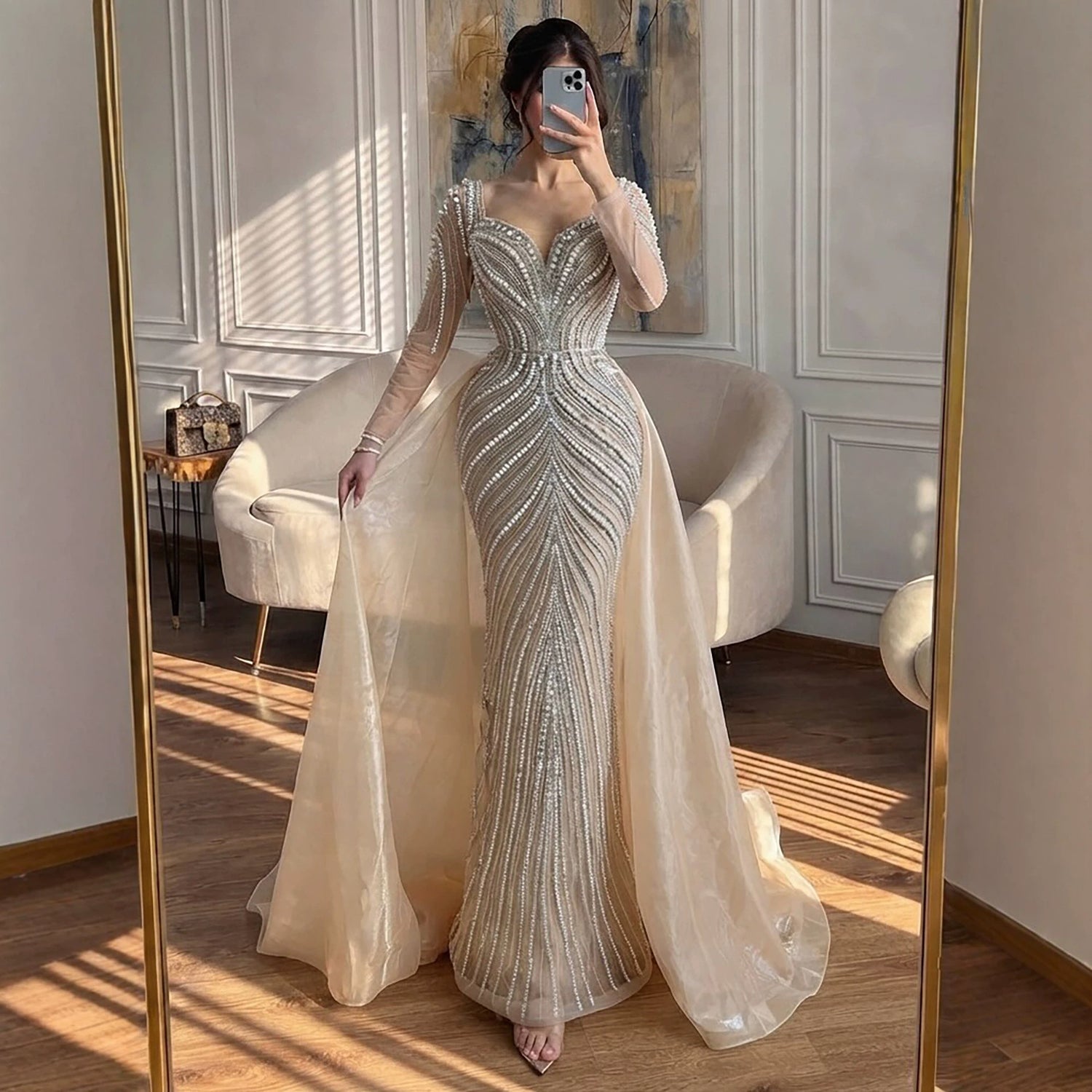 Luxury Nude Long Sleeve Pearl Beaded Mermaid Evening Dress LA73858 Pink / 14