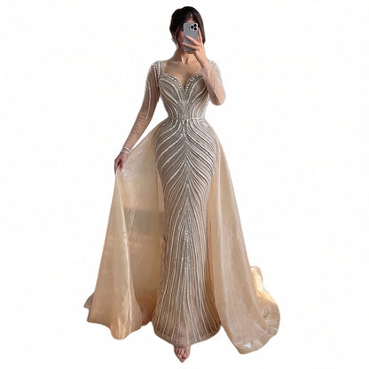Luxury Nude Long Sleeve Pearl Beaded Mermaid Evening Dress LA73858 SERENE HILL
