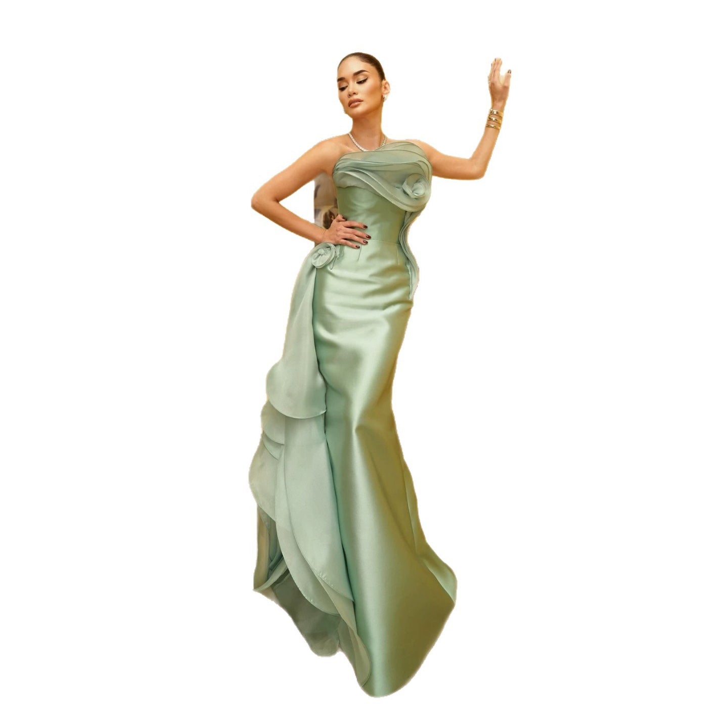 Luxury Sage Green Satin Strapless 3D Flower Mermaid Dress LA73859 SERENE HILL