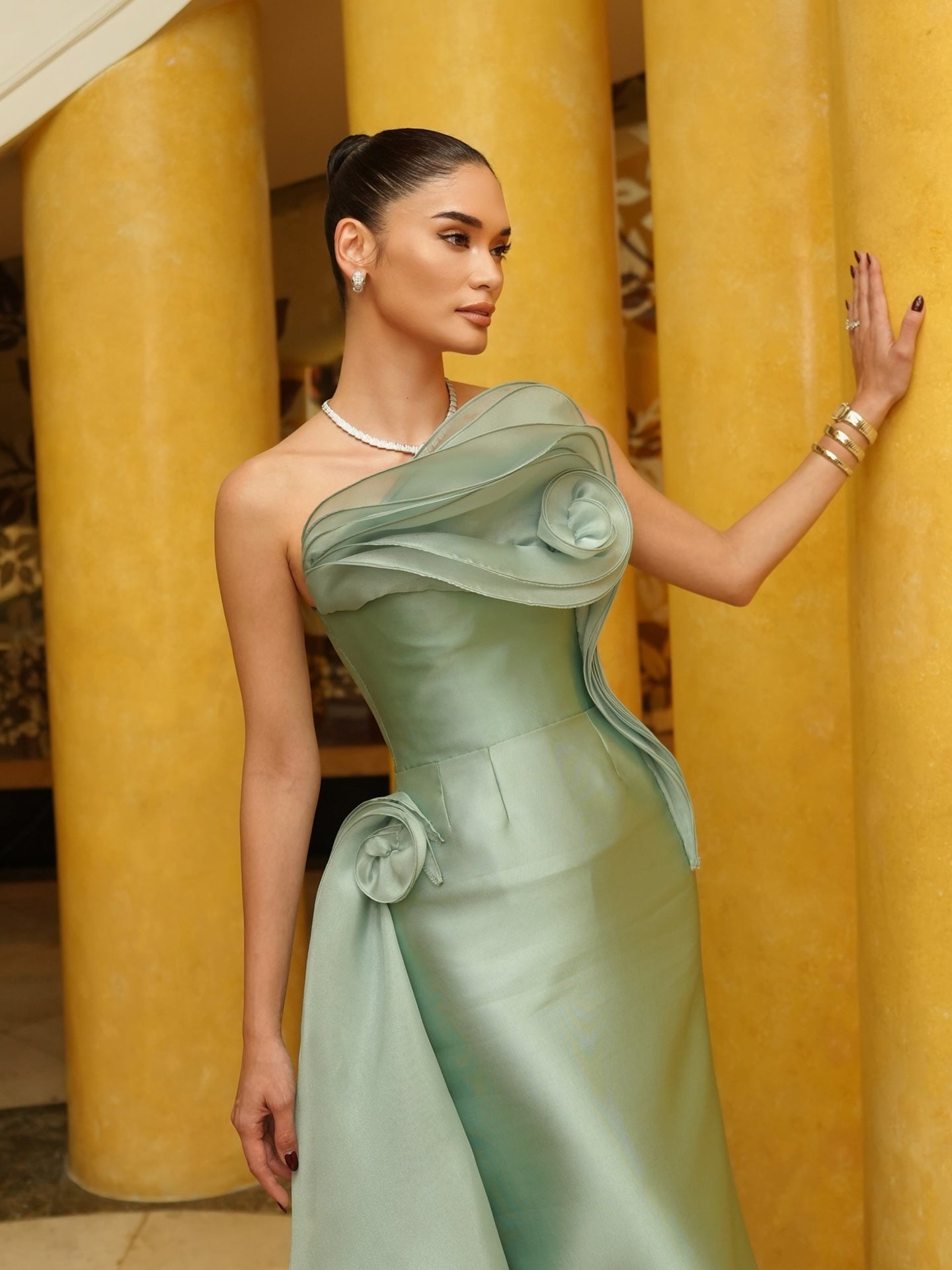 Luxury Sage Green Satin Strapless 3D Flower Mermaid Dress LA73859 SERENE HILL
