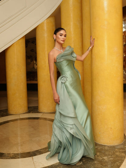 Luxury Sage Green Satin Strapless 3D Flower Mermaid Dress LA73859 SERENE HILL