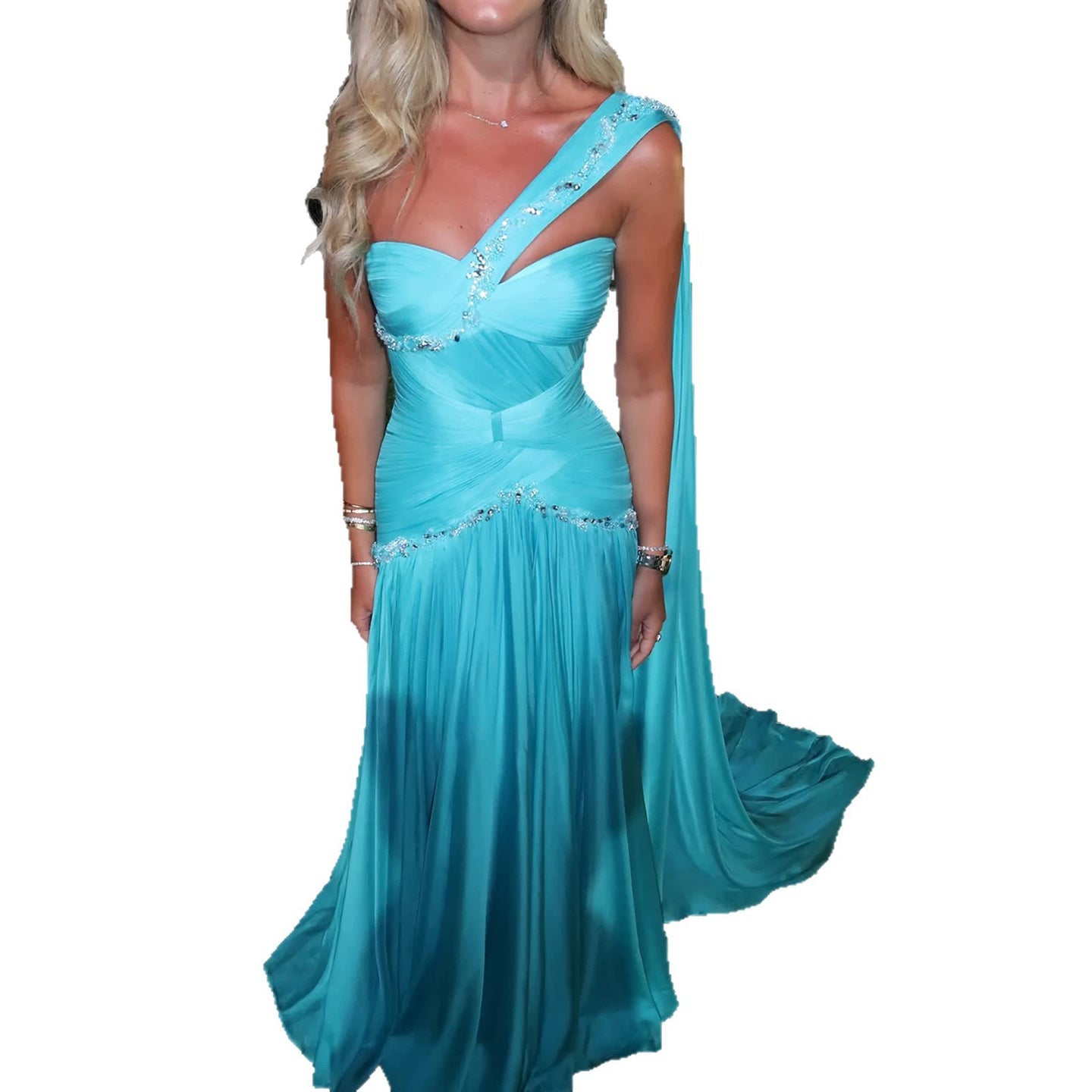 Luxury Aqua Blue One Shoulder Beaded Ruched Chiffon Dress LA73860 SERENE HILL