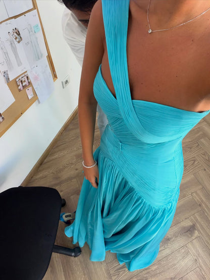 Luxury Aqua Blue One Shoulder Beaded Ruched Chiffon Dress LA73860 SERENE HILL