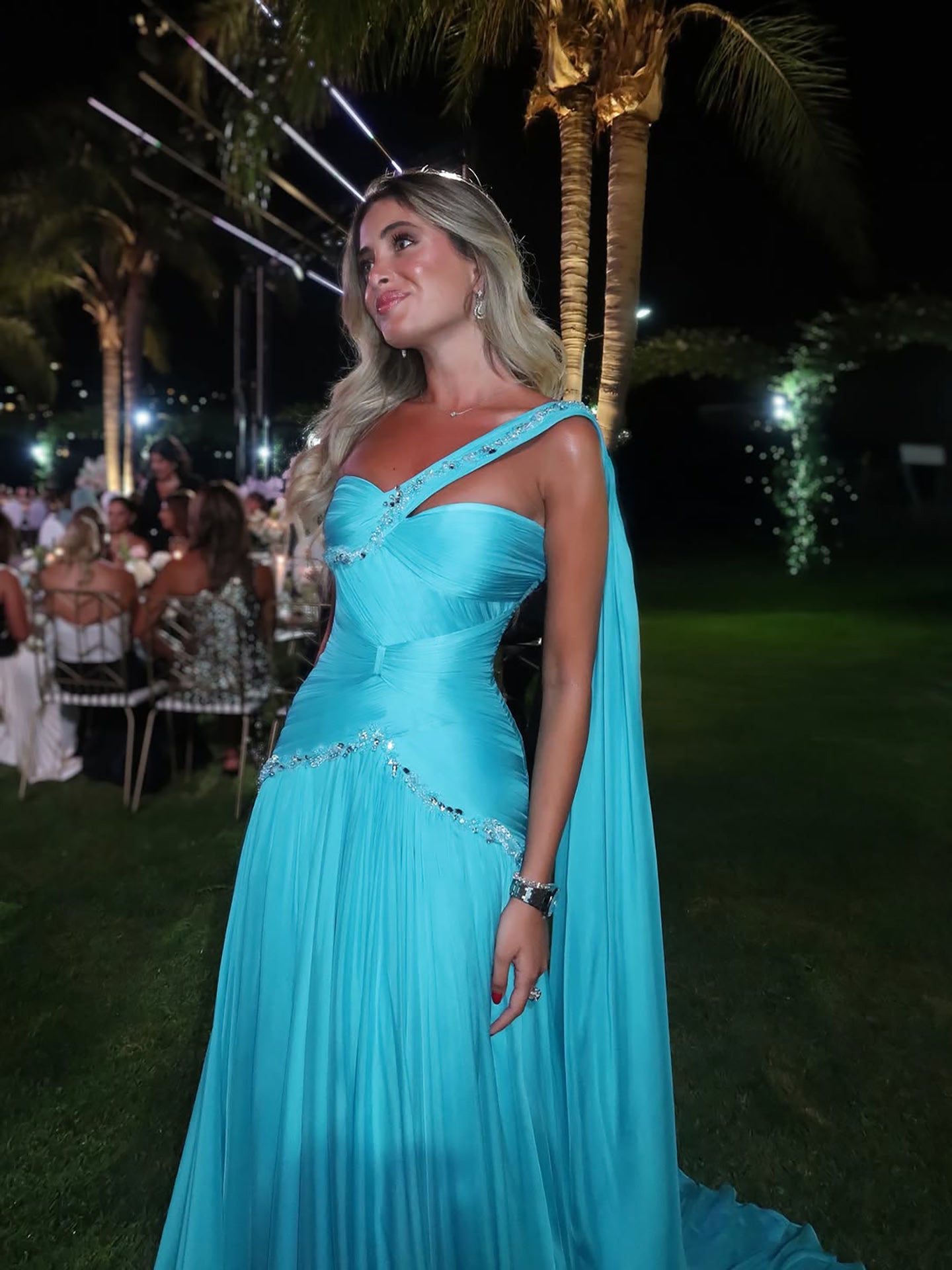 Luxury Aqua Blue One Shoulder Beaded Ruched Chiffon Dress LA73860 SERENE HILL