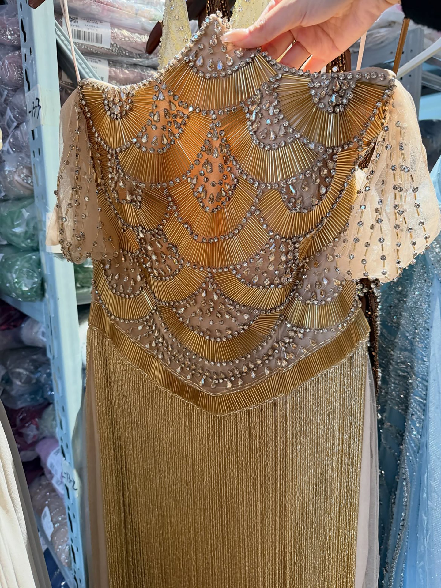 Luxury Gold Off the Shoulder Crystal Beaded Fringe Evening Dress LA73861 SERENE HILL