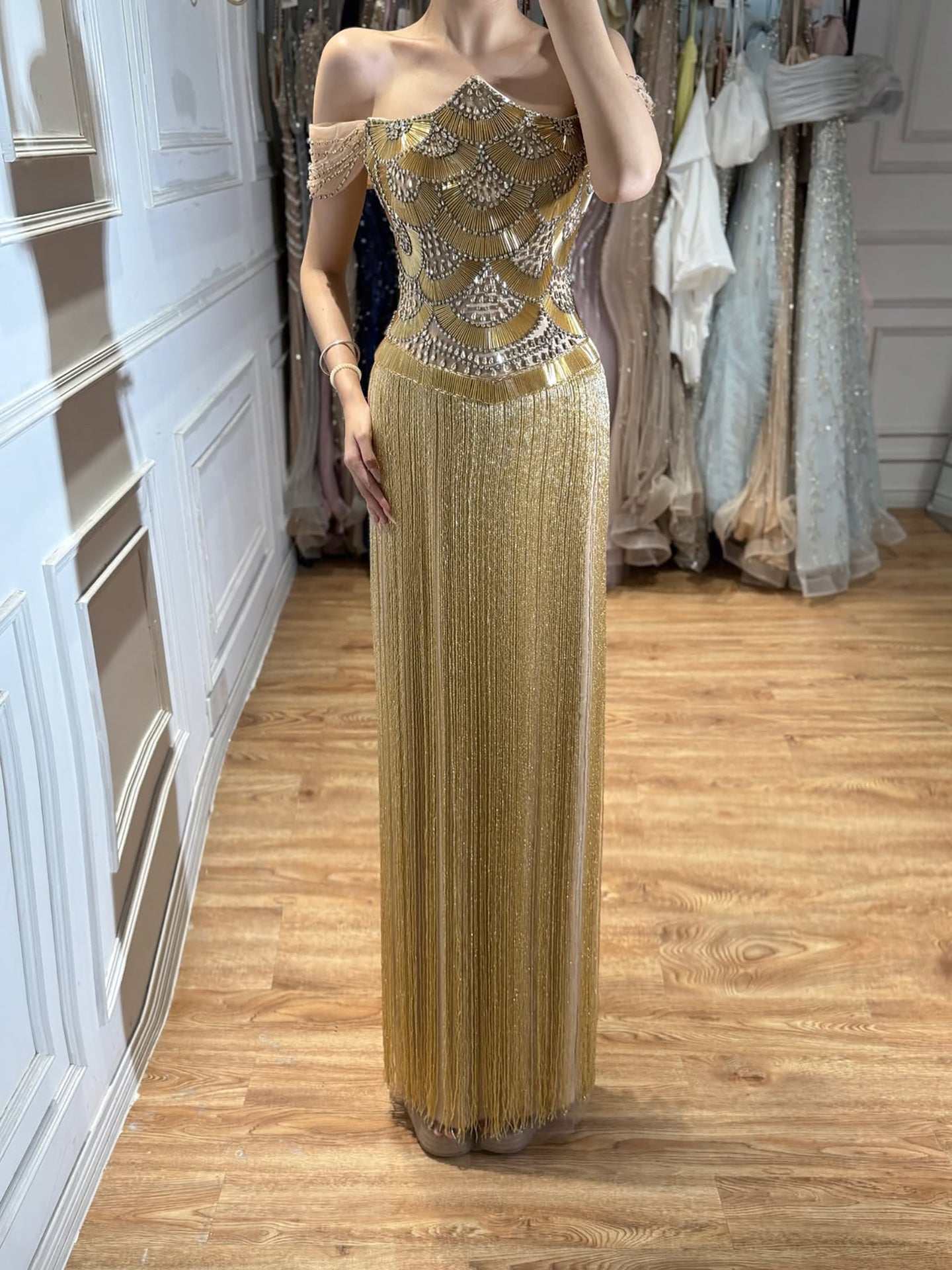 Luxury Gold Off the Shoulder Crystal Beaded Fringe Evening Dress LA73861 SERENE HILL