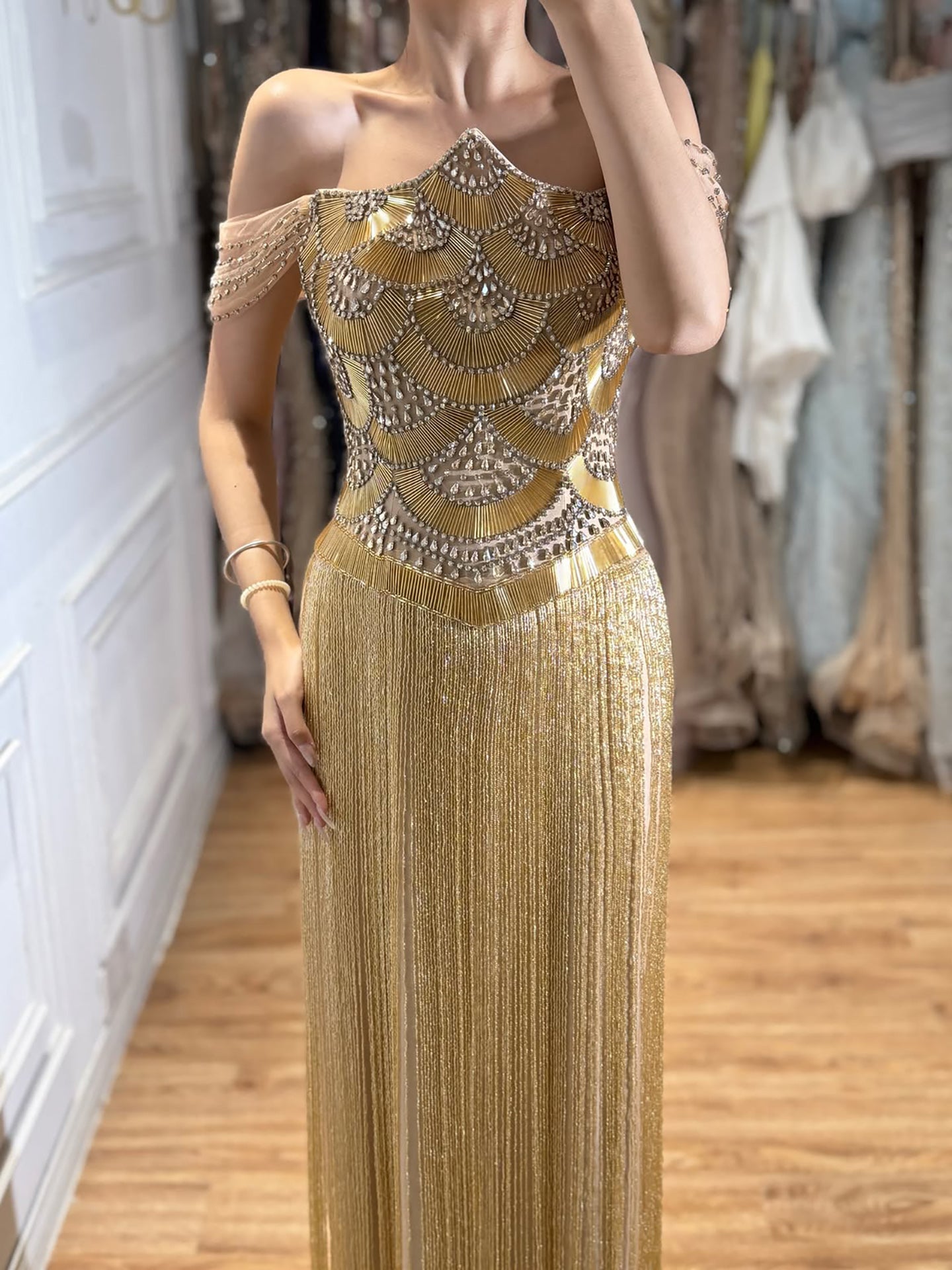 Luxury Gold Off the Shoulder Crystal Beaded Fringe Evening Dress LA73861 SERENE HILL