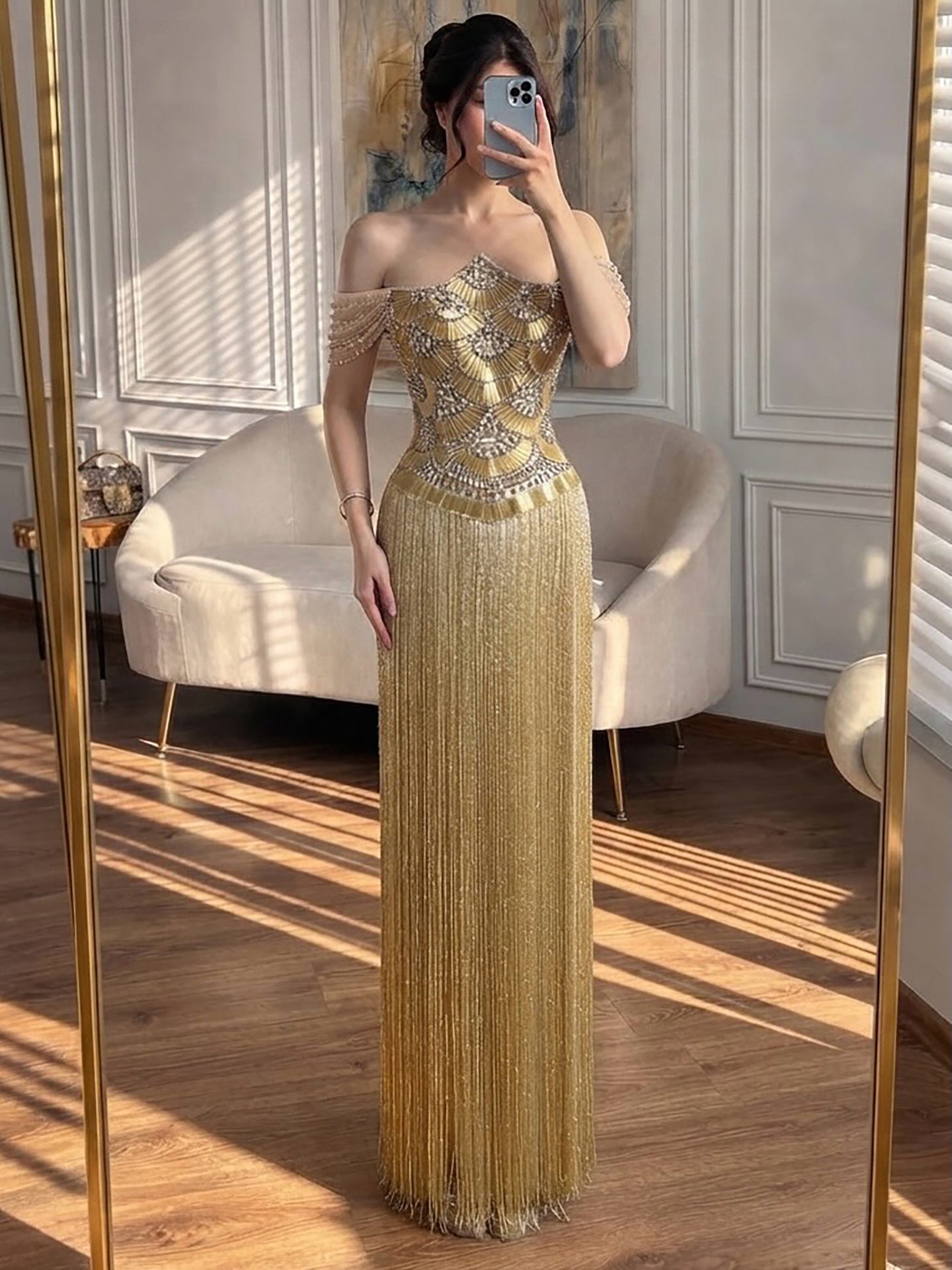 Luxury Gold Off the Shoulder Crystal Beaded Fringe Evening Dress LA73861 SERENE HILL
