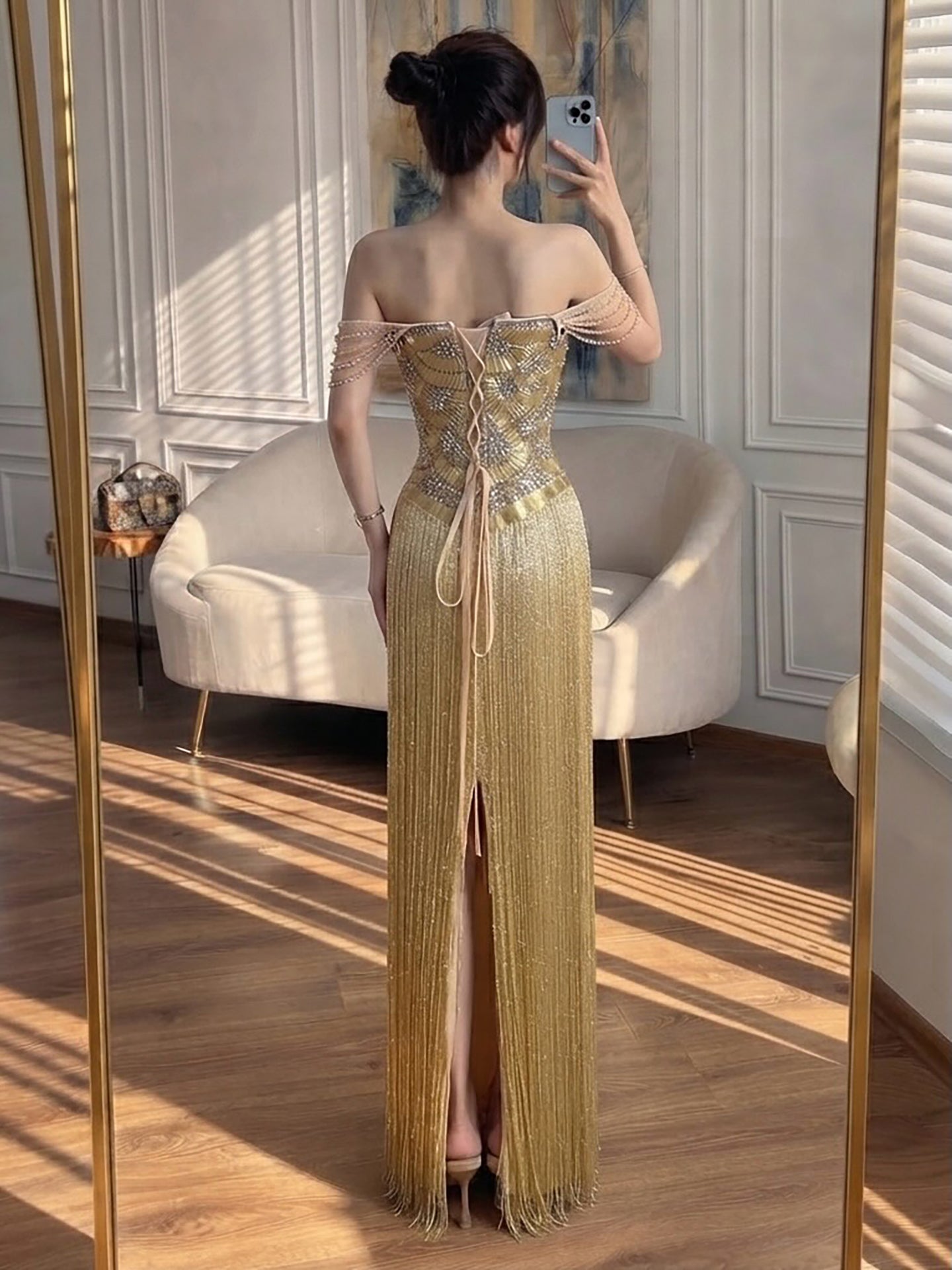 Luxury Gold Off the Shoulder Crystal Beaded Fringe Evening Dress LA73861 SERENE HILL