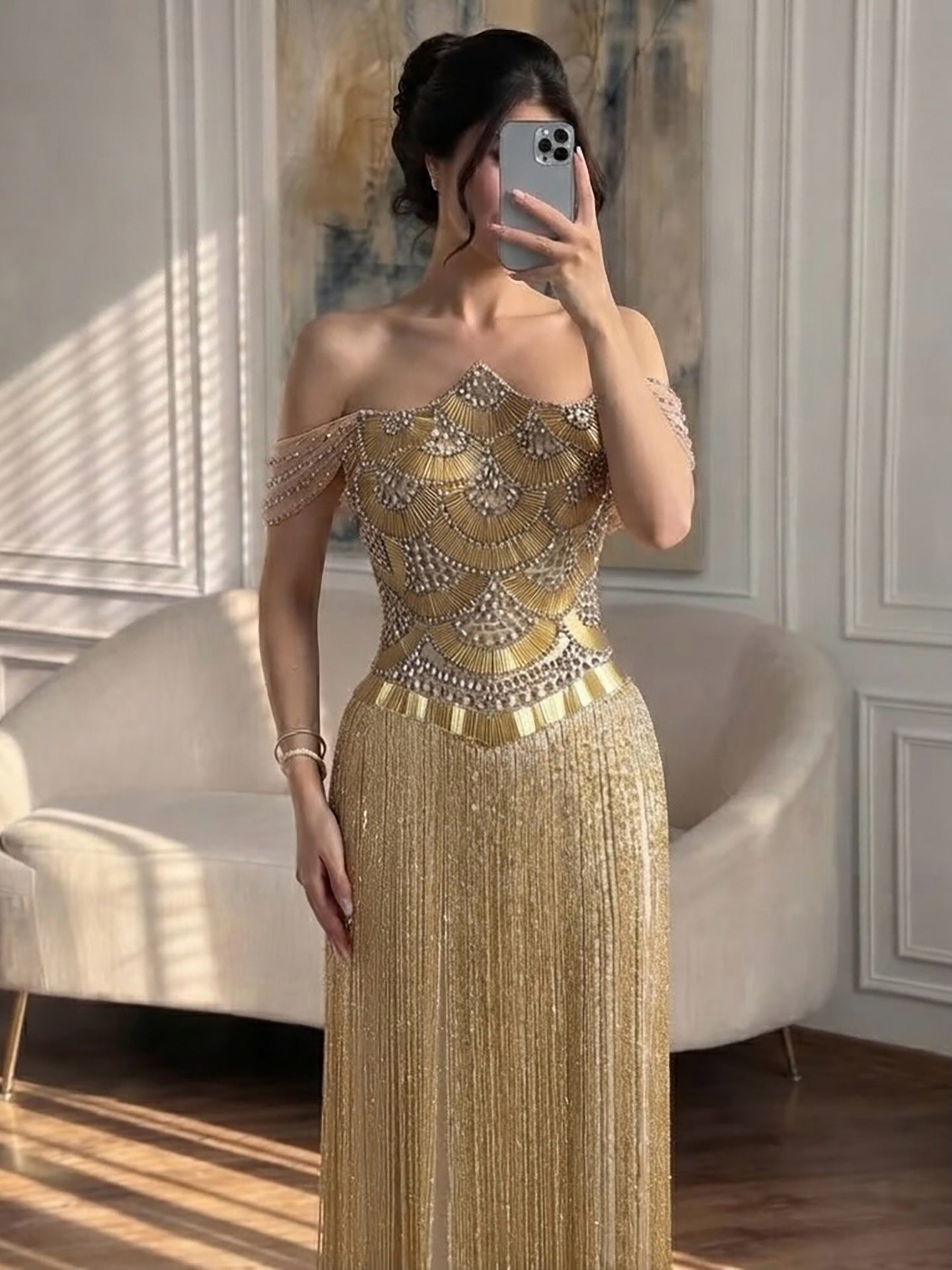 Luxury Gold Off the Shoulder Crystal Beaded Fringe Evening Dress LA73861 SERENE HILL