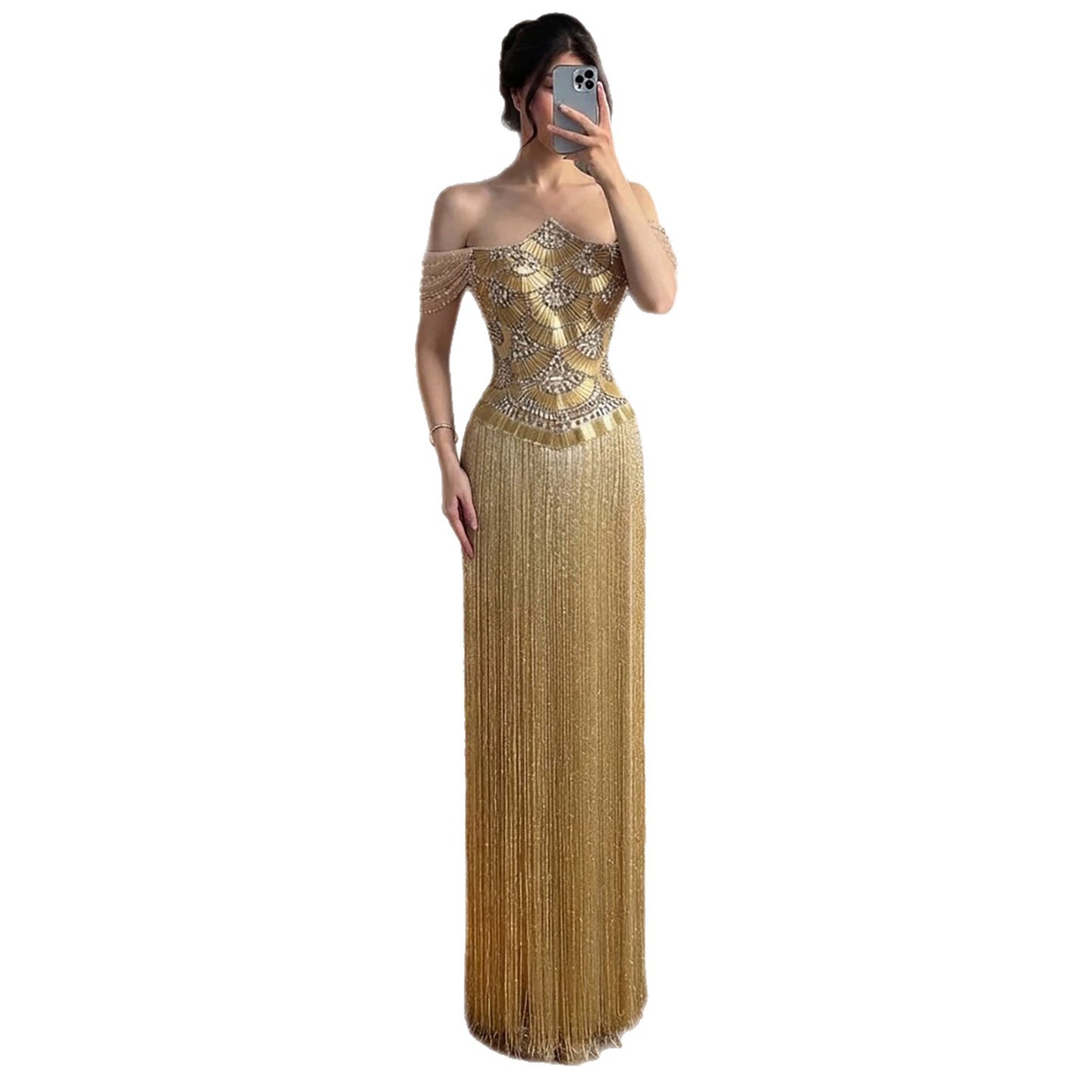 Luxury Gold Off the Shoulder Crystal Beaded Fringe Evening Dress LA73861 SERENE HILL