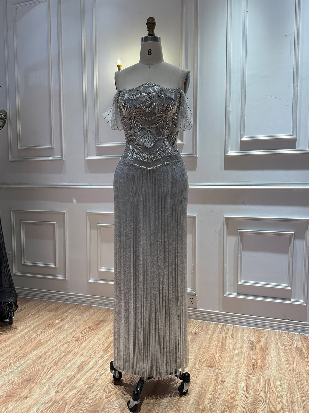 Luxury Gold Off the Shoulder Crystal Beaded Fringe Evening Dress LA73861
