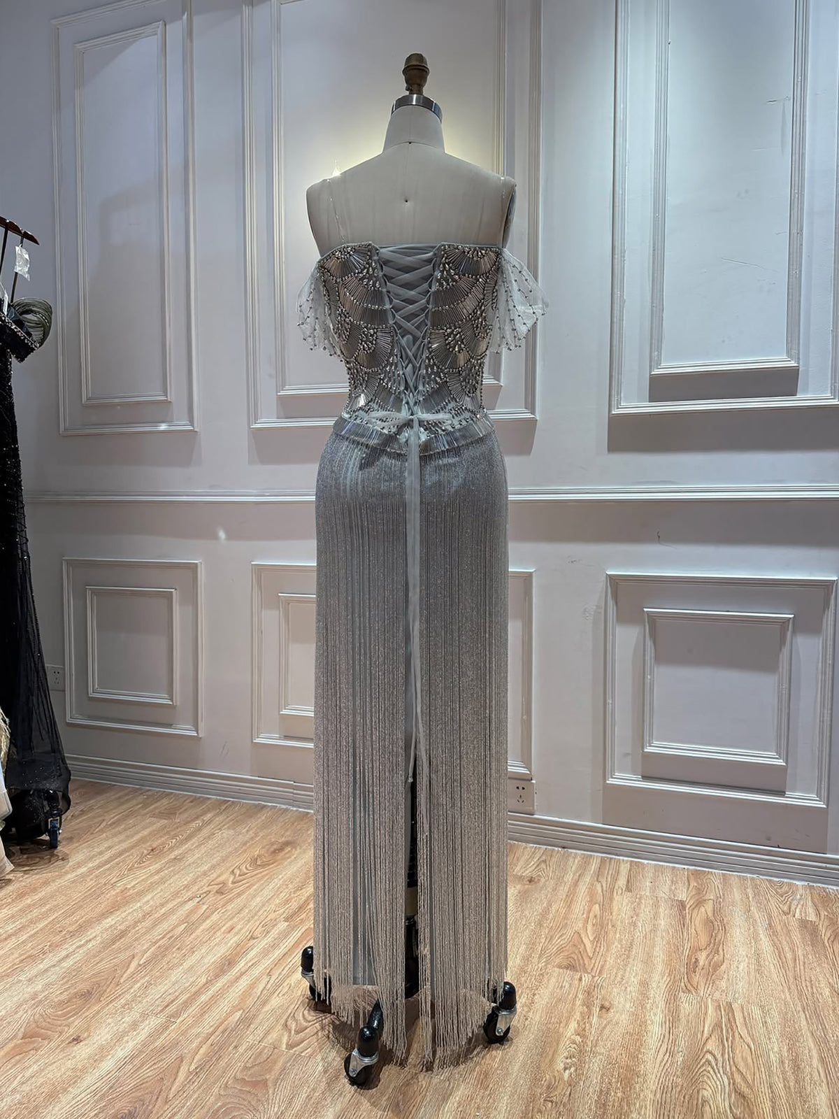 Luxury Gold Off the Shoulder Crystal Beaded Fringe Evening Dress LA73861