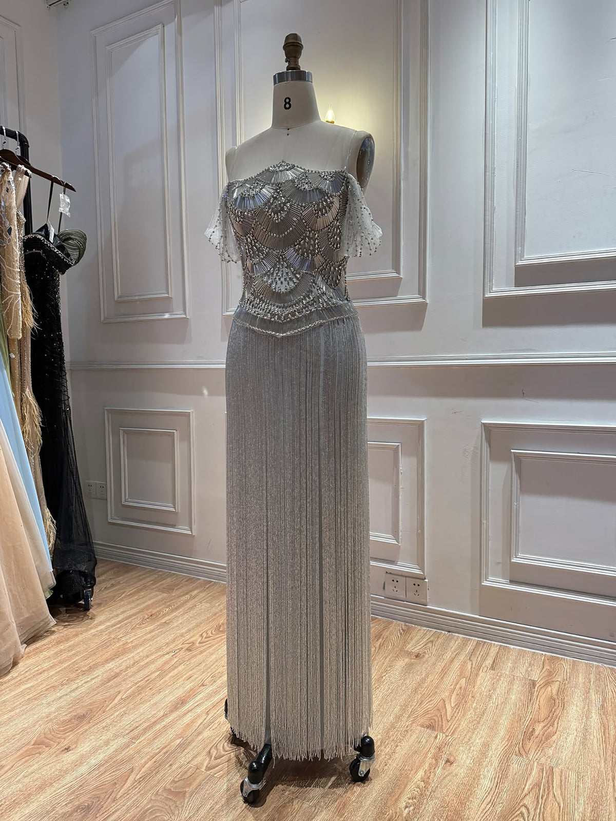 Luxury Gold Off the Shoulder Crystal Beaded Fringe Evening Dress LA73861