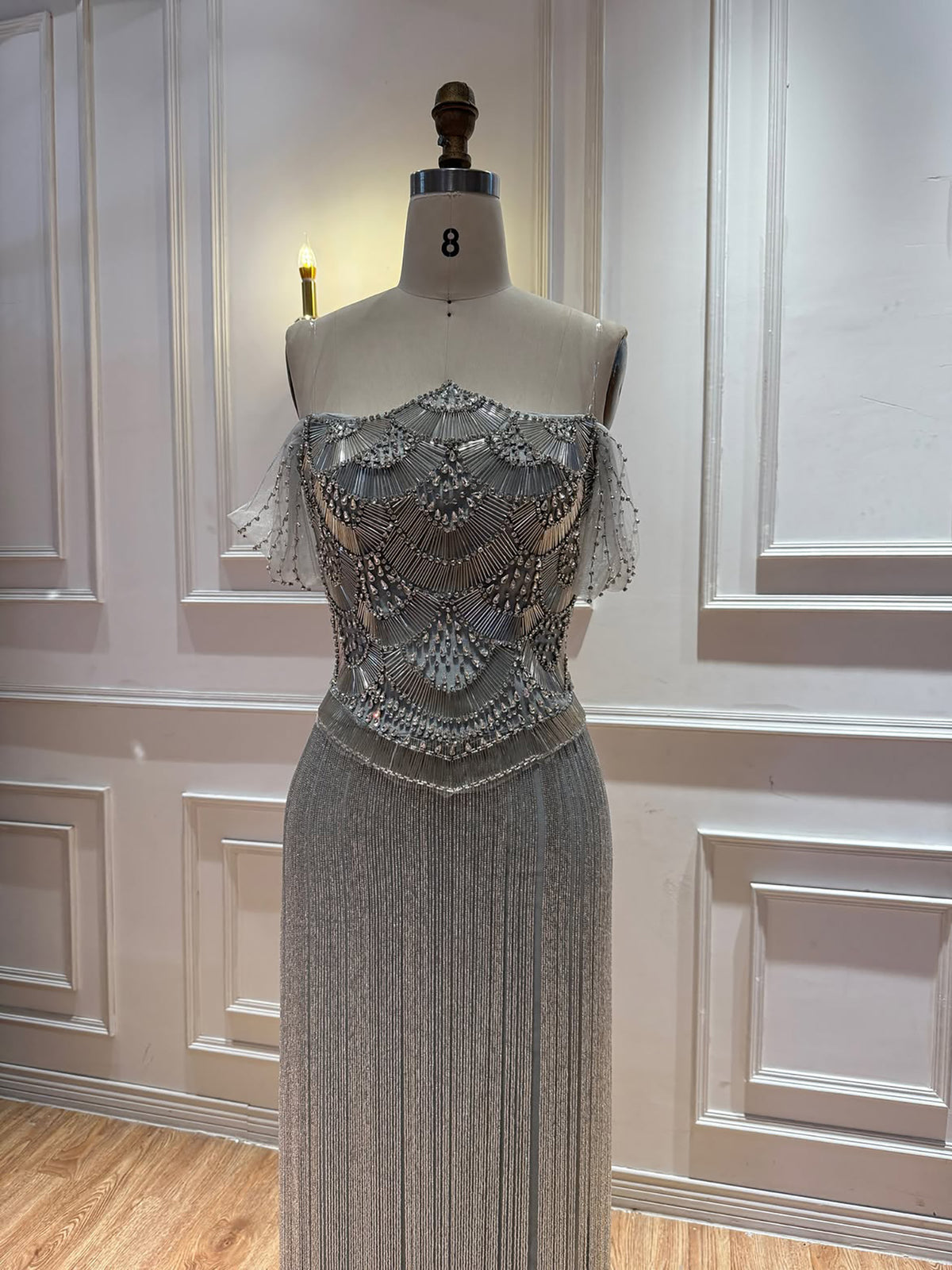 Luxury Gold Off the Shoulder Crystal Beaded Fringe Evening Dress LA73861