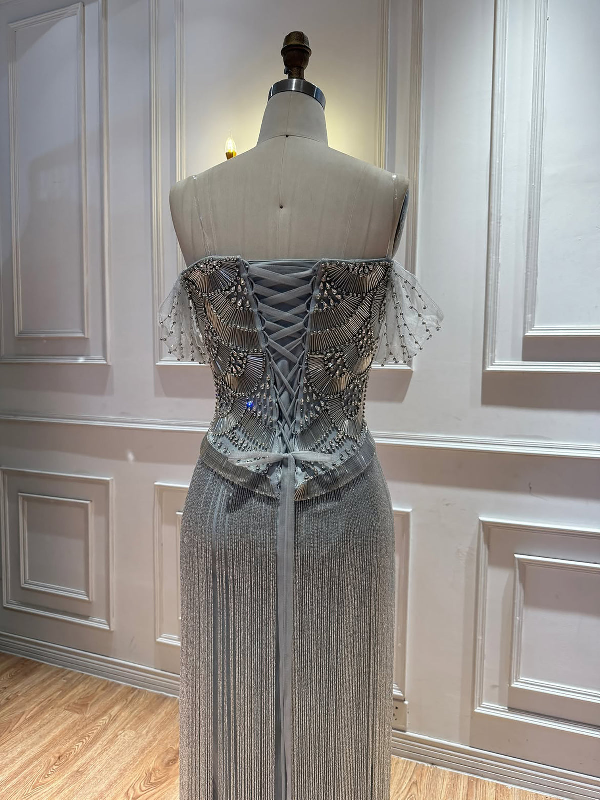 Luxury Gold Off the Shoulder Crystal Beaded Fringe Evening Dress LA73861