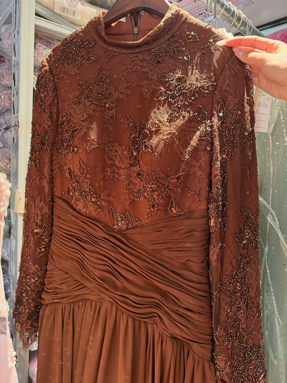Luxury Coffee Muslim Long Sleeve Beaded Lace A Line Dress LA73862 SERENE HILL
