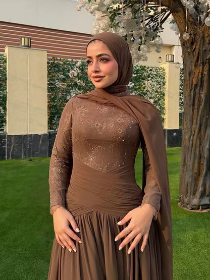 Luxury Coffee Muslim Long Sleeve Beaded Lace A-Line Dress LA73862 SERENE HILL