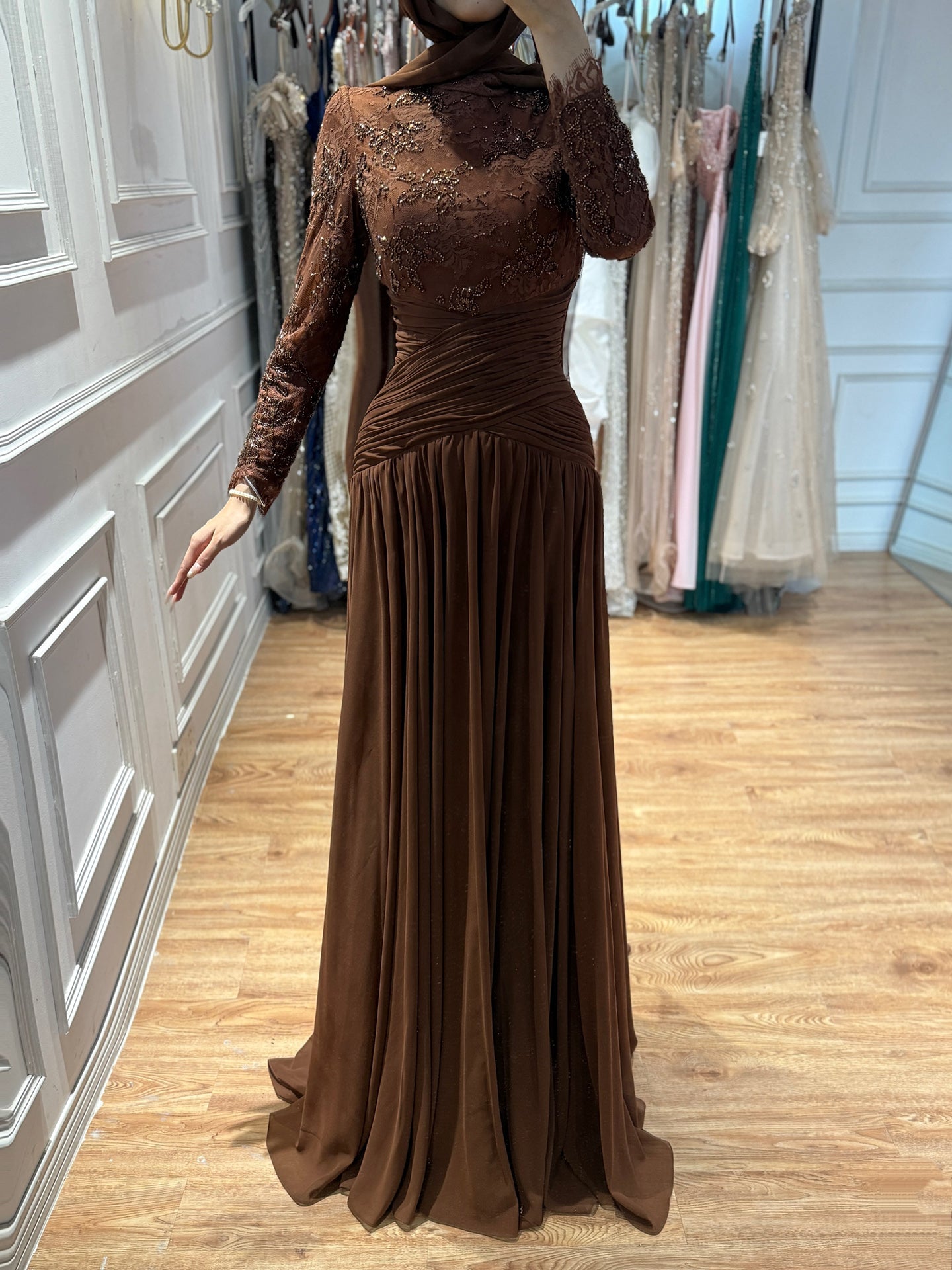 Luxury Coffee Muslim Long Sleeve Beaded Lace A Line Dress LA73862 SERENE HILL