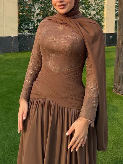 Luxury Coffee Muslim Long Sleeve Beaded Lace A-Line Dress LA73862 SERENE HILL