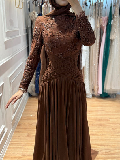 Luxury Coffee Muslim Long Sleeve Beaded Lace A Line Dress LA73862 SERENE HILL
